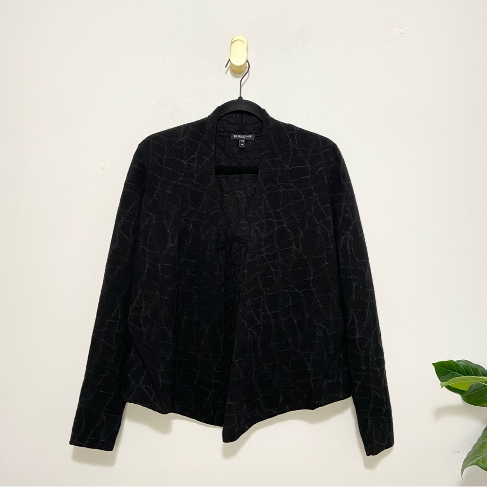 Eileen Fisher Black Gray Crackle Print Wool Blend Open Front Cardigan Sweater